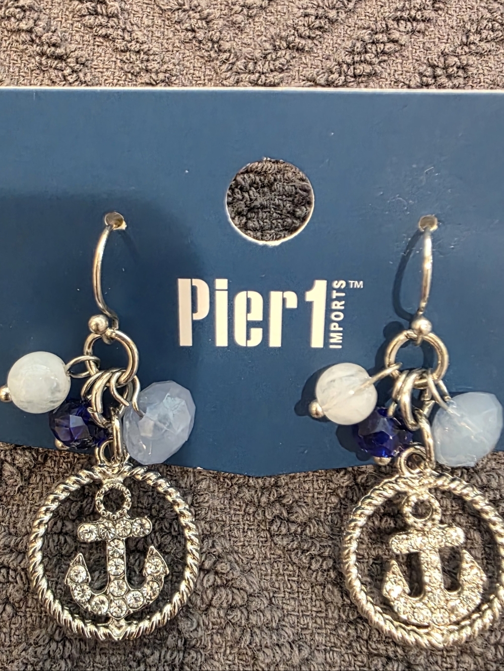 Pier 1 Silver Sparkle Anchor Charm Earrings with Dark Blue and Light Blue Beads
